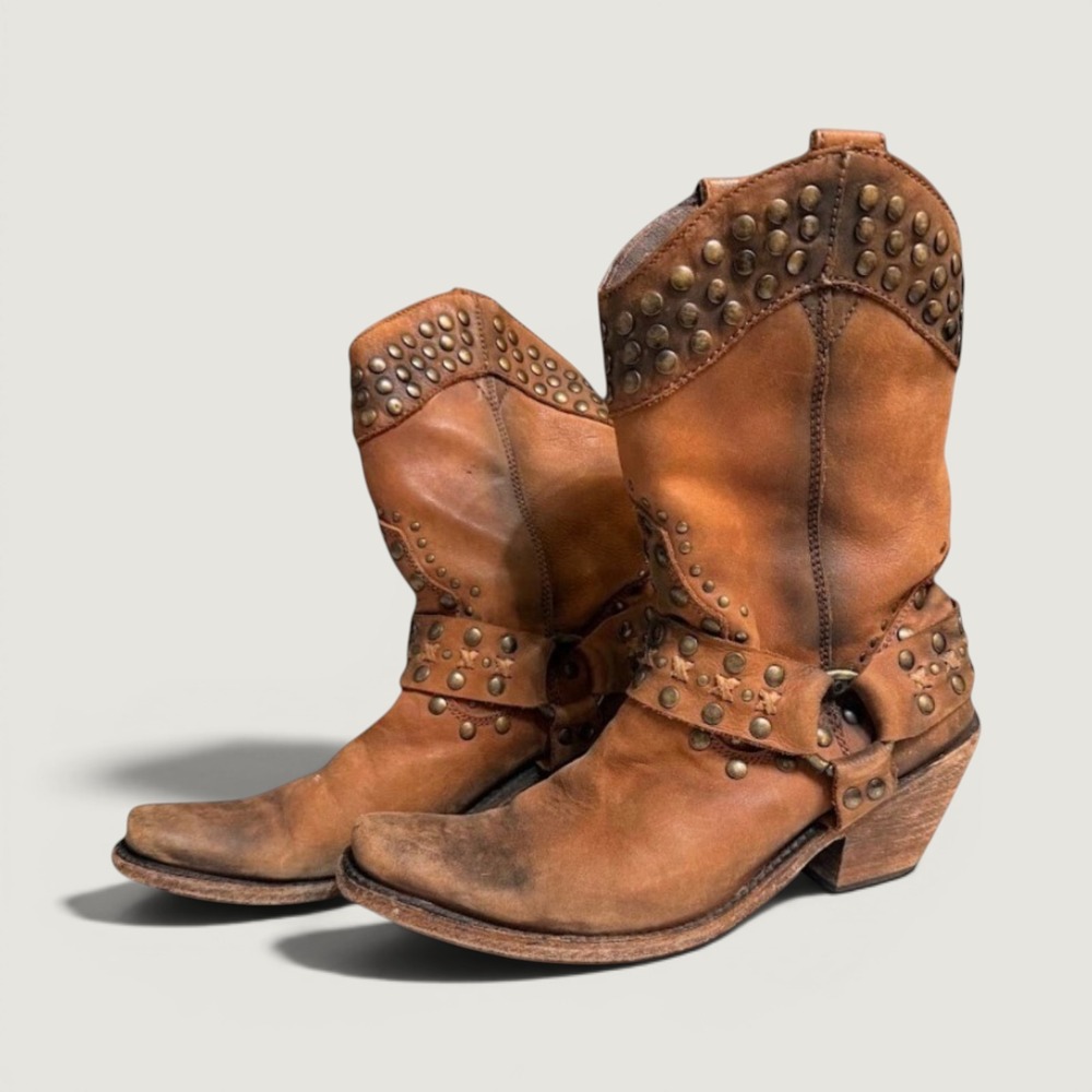 Liberty Black Womens Studded Leather Western Harness Boots Brown LB711511 Size 7